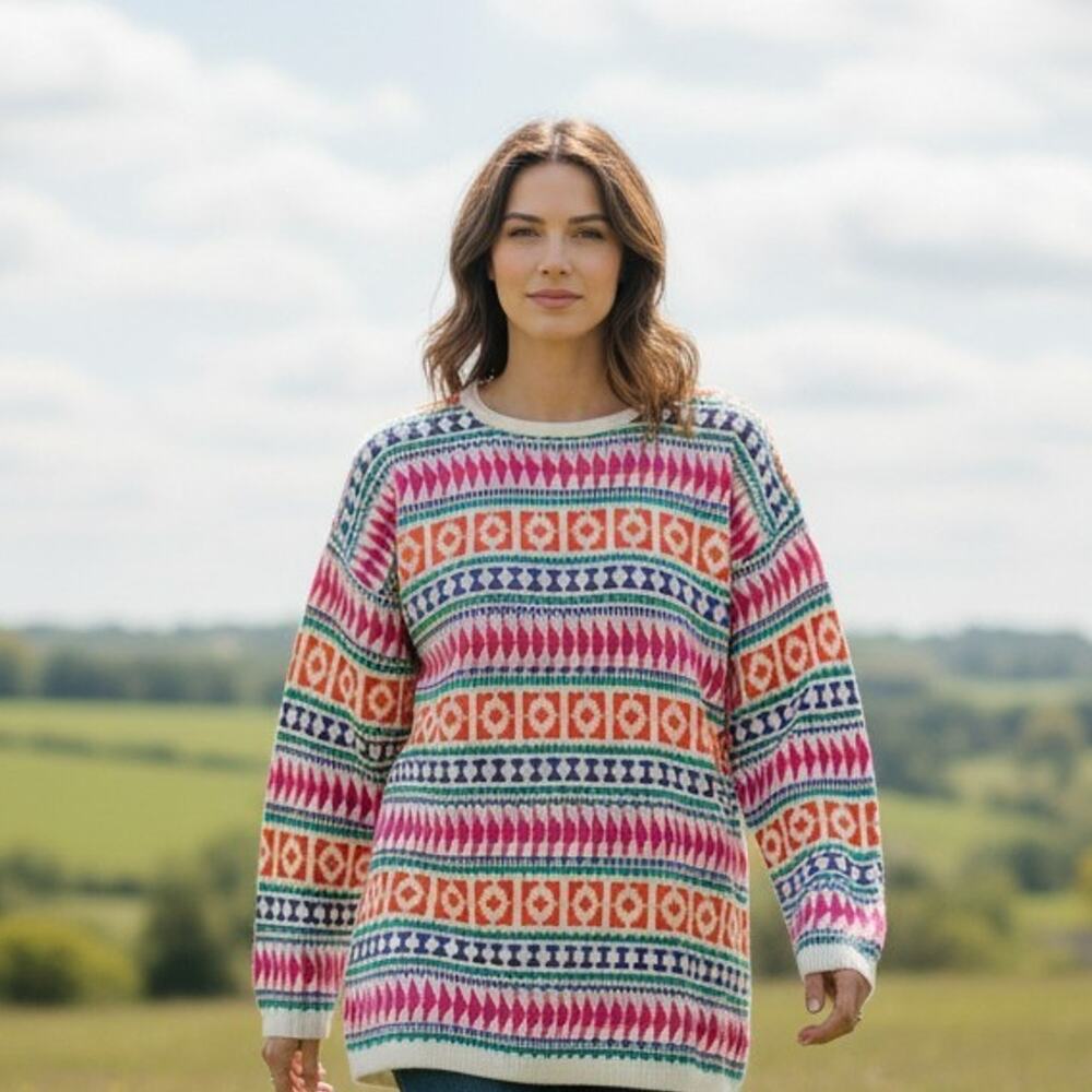 Vintage Units Tunic Sweater Womens Small Multicolor Geometric Shoulder Pads 80s